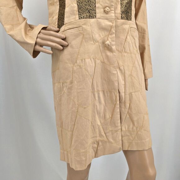 NWT Vintage 1990s Silk Box Longline Jacket Cream Patchwork Trench Gold Size 6 - Picture 6 of 15